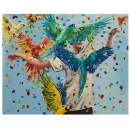 The painting is the author's "Confetti"