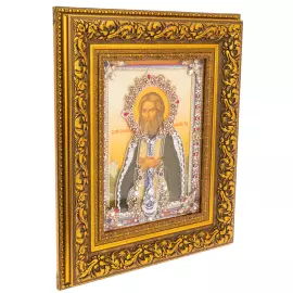 Икона с драгоценными камнями "Преподобный Серафим Саровский" с жемчугом