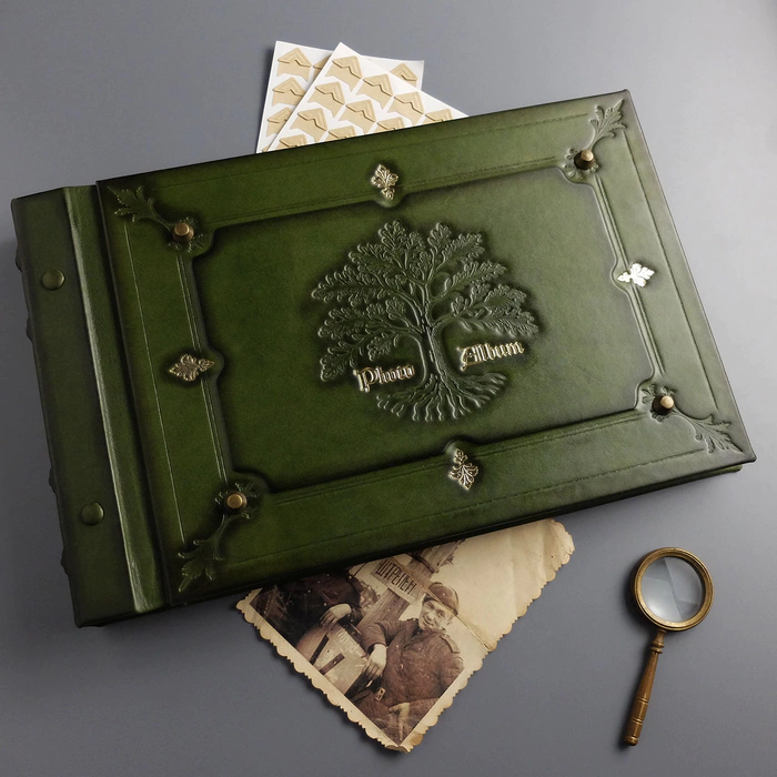 Genuine leather photo album "Oak, growing through time" color green