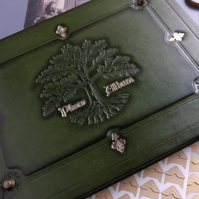 Genuine leather photo album "Oak, growing through time" color green