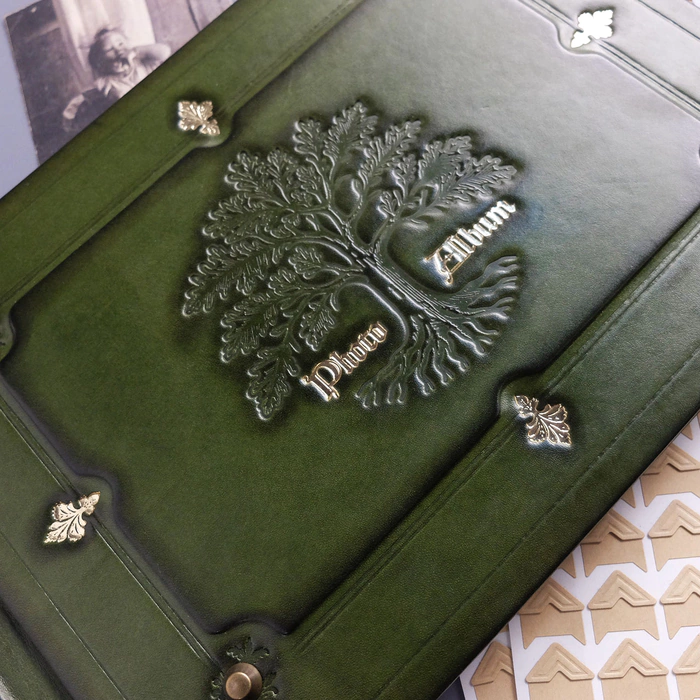 Genuine leather photo album "Oak, growing through time" color green
