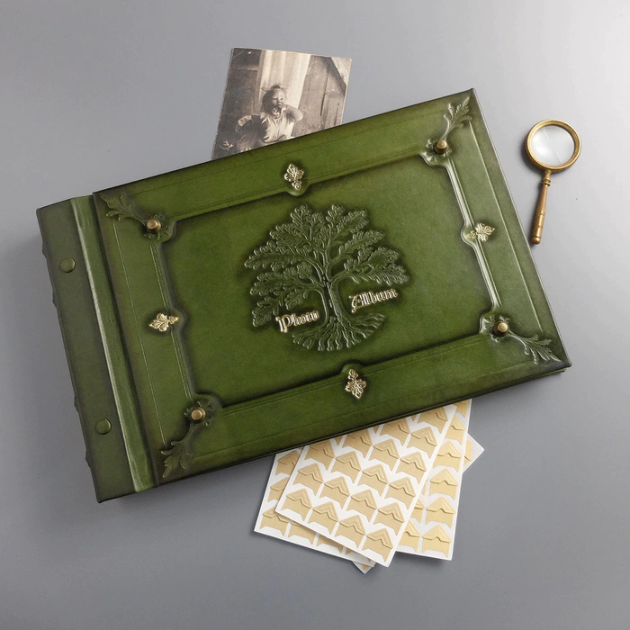Genuine leather photo album "Oak, growing through time" color green