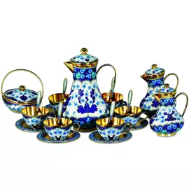 Кофейный сервиз из серебра "Роспись" на 6 персон, сине-белый
