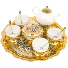 Oriental tea set with malachite and enamels, for 4 persons, Zlatoust