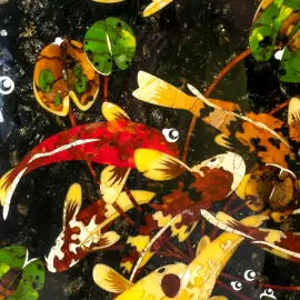 Панно декоративное из янтаря "Карпы кои"