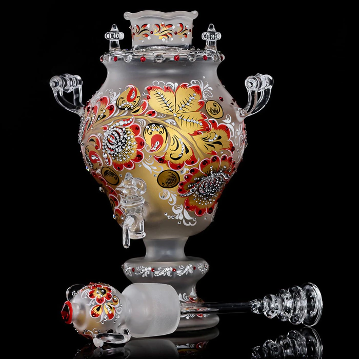 Honeydew samovar made of glass "Red sun" with Swarovski crystals, Khokhloma