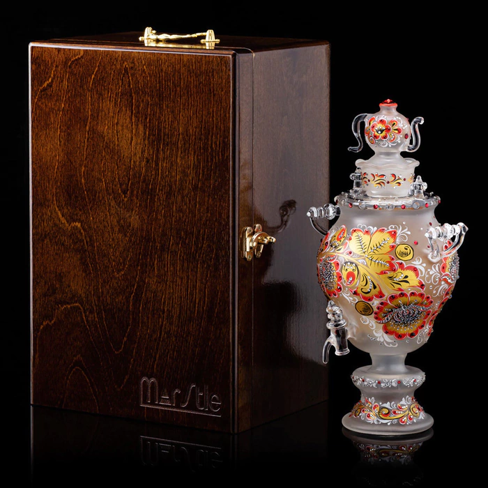 Honeydew samovar made of glass "Red sun" with Swarovski crystals, Khokhloma