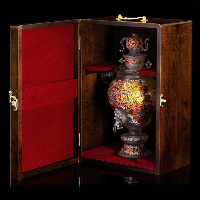 Honeydew samovar made of glass "Red sun" with Swarovski crystals, Khokhloma