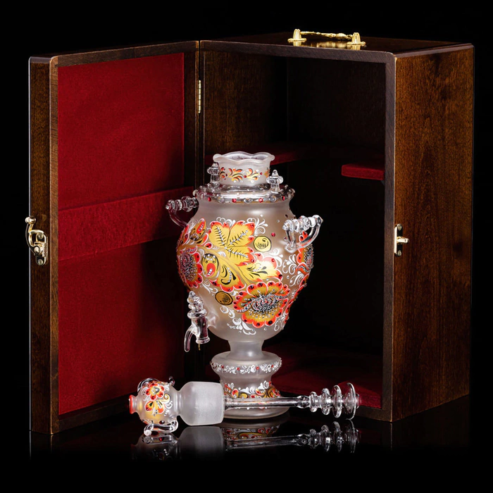 Honeydew samovar made of glass "Red sun" with Swarovski crystals, Khokhloma