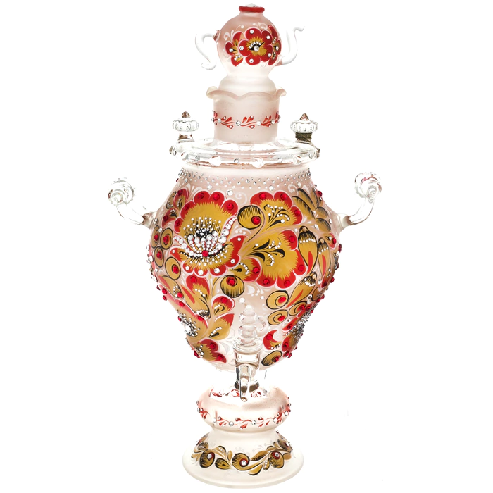 Honeydew samovar made of glass "Red sun" with Swarovski crystals, Khokhloma