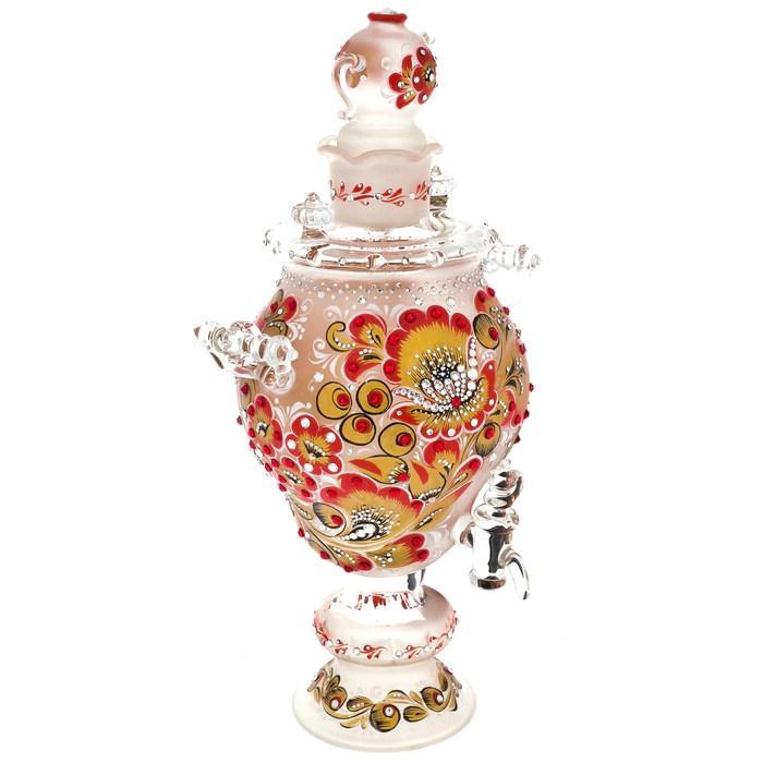 Honeydew samovar made of glass "Red sun" with Swarovski crystals, Khokhloma