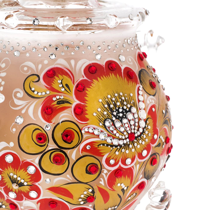 Honeydew samovar made of glass "Red sun" with Swarovski crystals, Khokhloma
