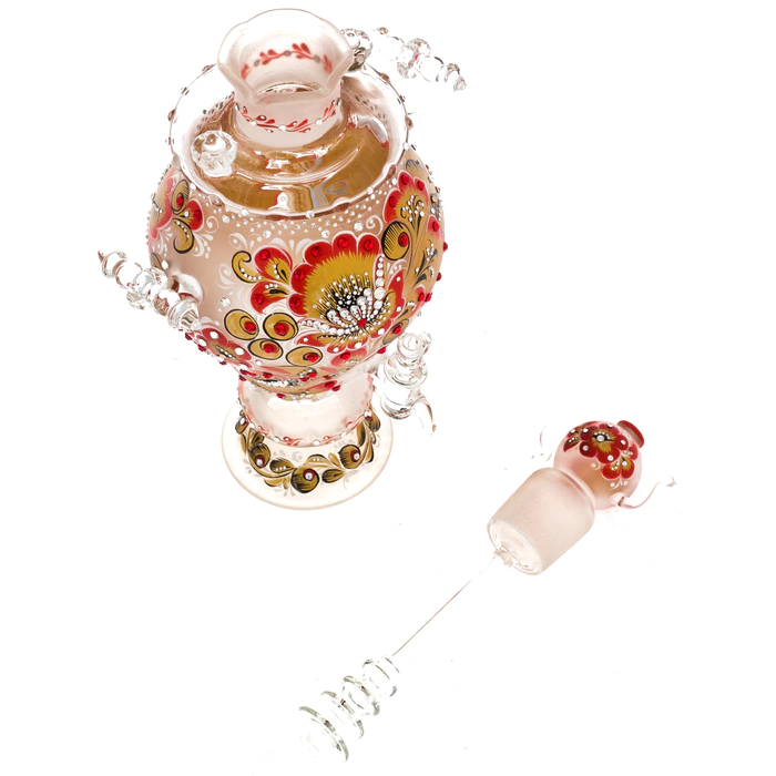 Honeydew samovar made of glass "Red sun" with Swarovski crystals, Khokhloma
