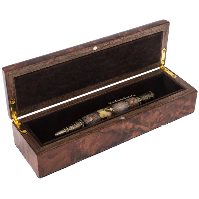 Mayak walnut and amber roller pen in a case