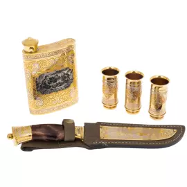 Охотничий набор с ножом "Охотники на привале" на 3 персоны, Златоуст