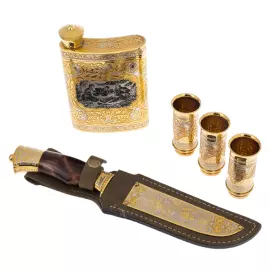 Охотничий набор с ножом "Охотники на привале" на 3 персоны, Златоуст