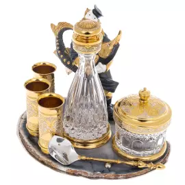 Икорно-водочный набор на агате "Купец с осетром" на 3 персоны, Златоуст