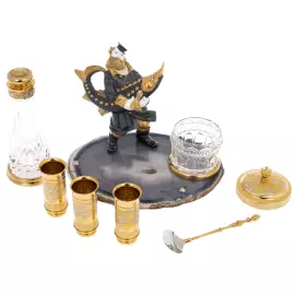 Икорно-водочный набор на агате "Купец с осетром" на 3 персоны, Златоуст