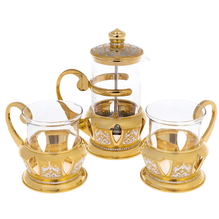 French press with tea set "Tea Party" Zlatoust for 2 persons