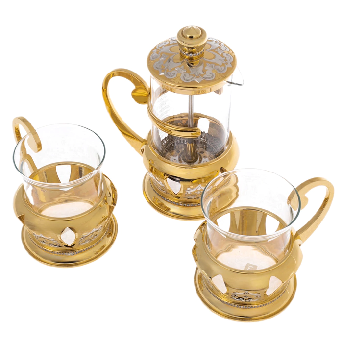 French press with tea set "Tea Party" Zlatoust for 2 persons