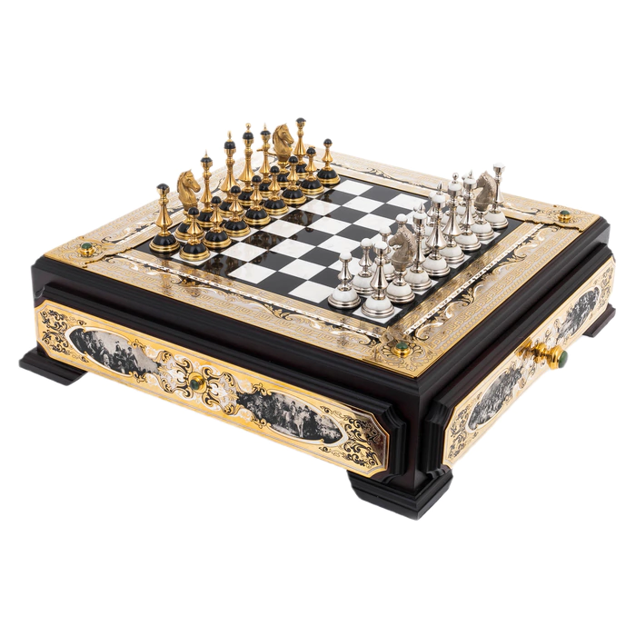 Chess made of marble, jade "Battle" with gilding, Zlatoust