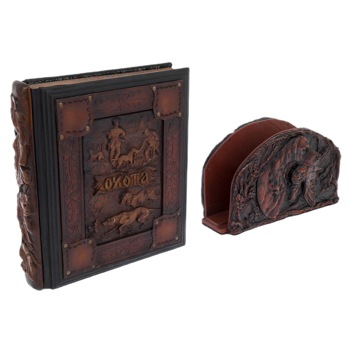 Leather-bound book "Hunting" on a carved stand