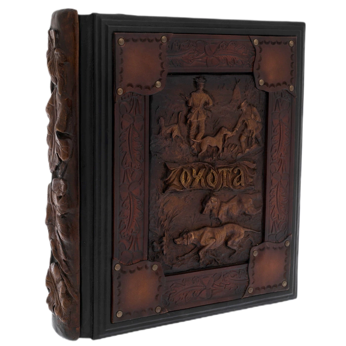 Leather-bound book "Hunting" on a carved stand