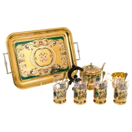 Чайный сервиз "Царевич" с малахитом, на 4 персоны, Златоуст Чайный сервиз "Царевич" с малахитом, на 4 персоны, Златоуст