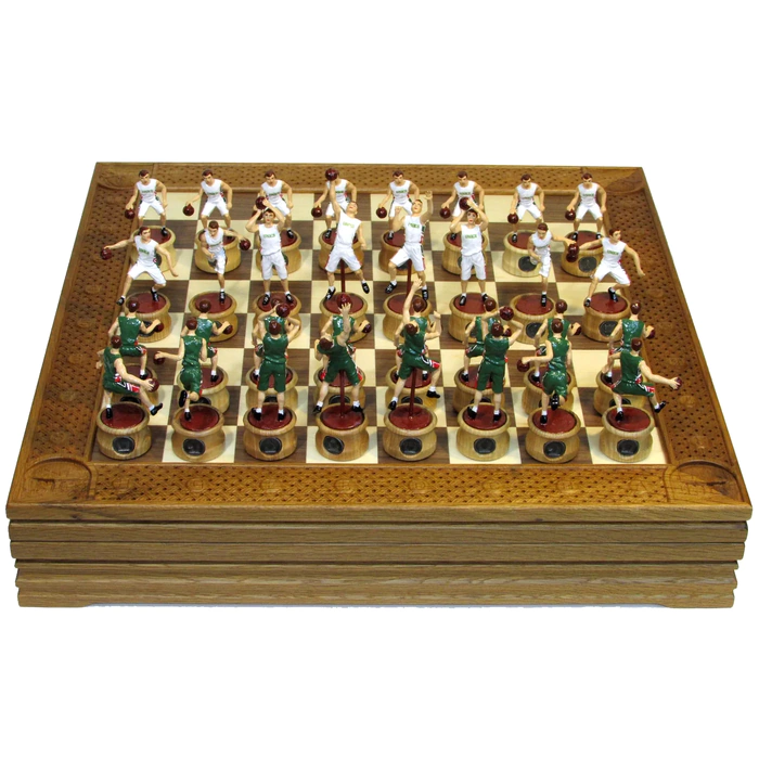 Collectible "Basketball - Unics" chess set on an oak board