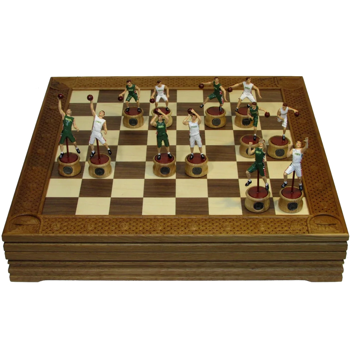 Collectible "Basketball - Unics" chess set on an oak board