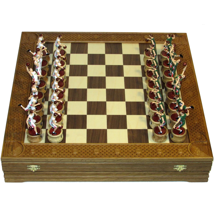 Collectible "Basketball - Unics" chess set on an oak board