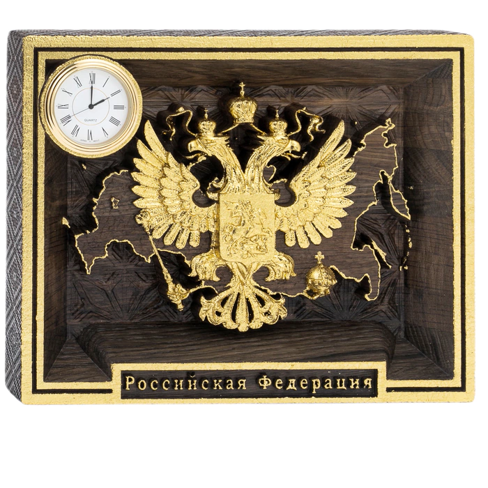 Stained oak panel "Coat of Arms of Russia" with clock and gilding