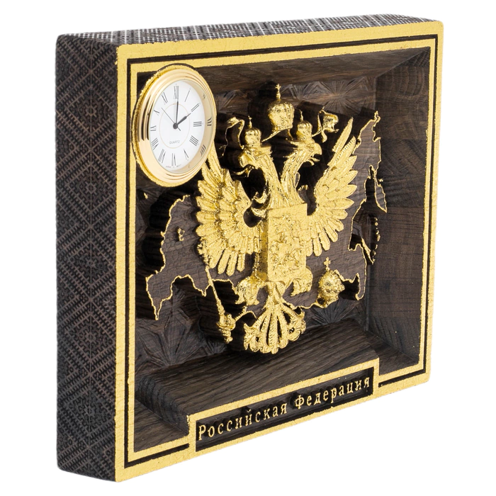 Stained oak panel "Coat of Arms of Russia" with clock and gilding