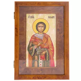 Икона на натуральном перламутре "Пантелеймон Целитель" в киоте