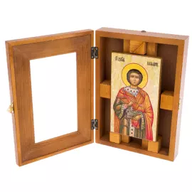 Икона на натуральном перламутре "Пантелеймон Целитель" в киоте