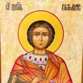 Икона на натуральном перламутре "Пантелеймон Целитель" в киоте