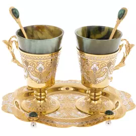 Кофейный набор "Дуэт" с нефритом, на 2 персоны, Златоуст