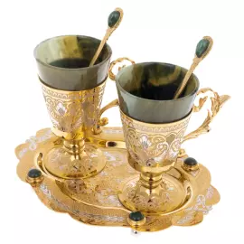 Кофейный набор "Дуэт" с нефритом, на 2 персоны, Златоуст