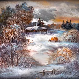 Шкатулка "Зимнее утро" Карпова, Федоскино