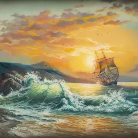 Шкатулка "Закат на море" Трошина, Федоскино