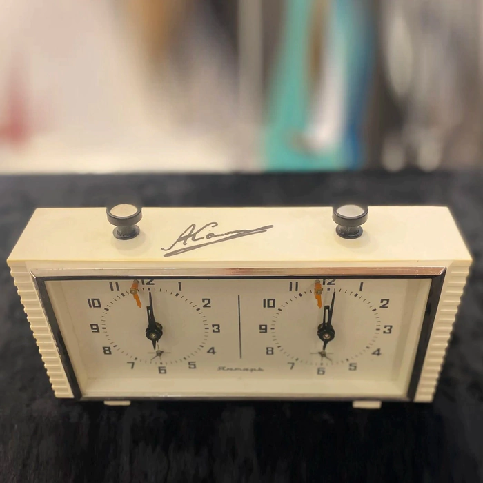 An autographed chess clock signed by chess player and politician Anatoly Karpov