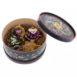 Set of 4 Christmas Tree toys in a blue gift box