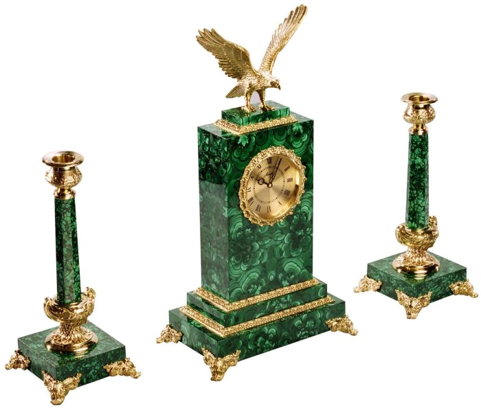 Mantel clock with candlesticks "Eagle", malachite