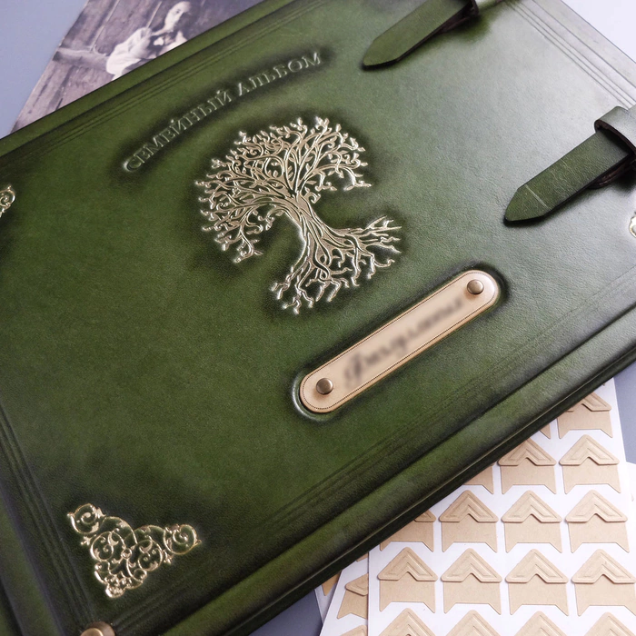 Genuine leather photo album "Family" color green