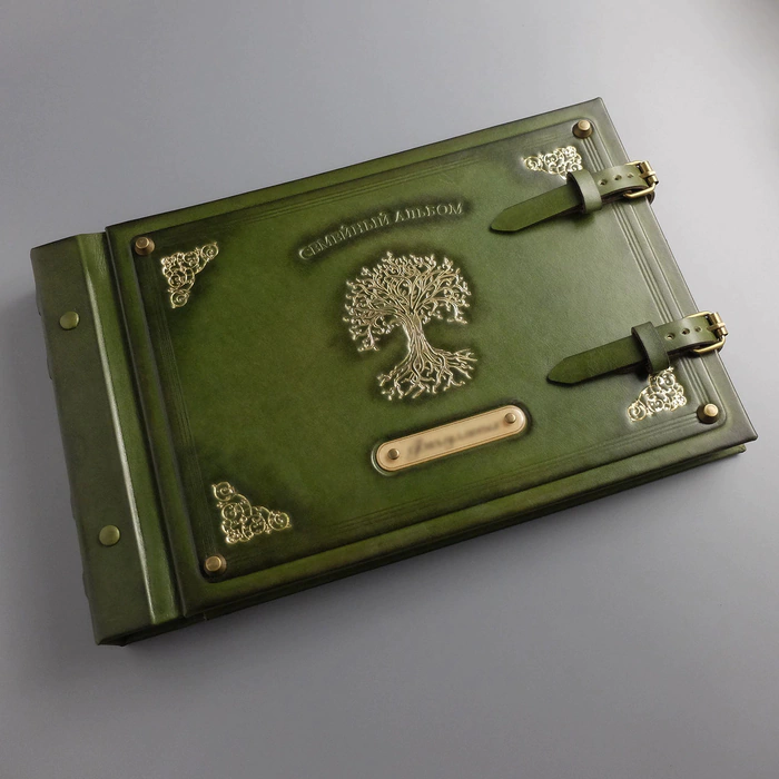 Genuine leather photo album "Family" color green