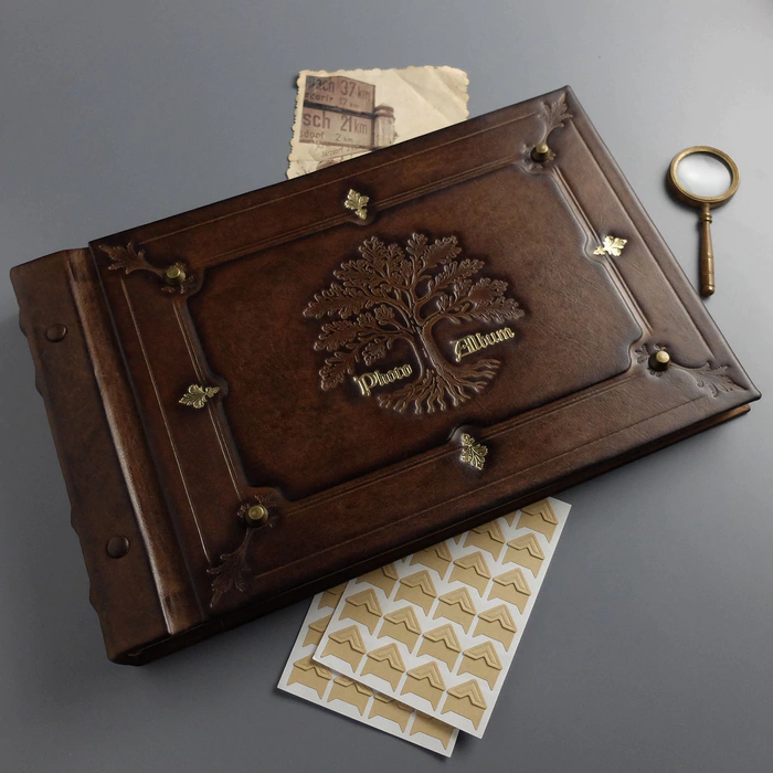 Genuine leather photo album "Oak, growing through time" color brown