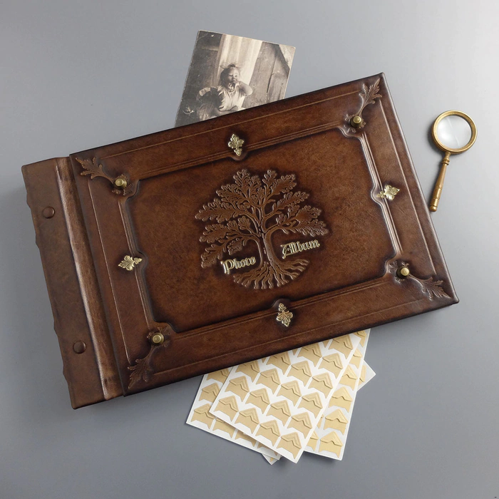 Genuine leather photo album "Oak, growing through time" color brown