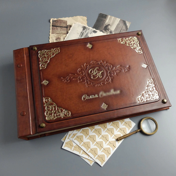Genuine leather photo album "Family" with a monogram