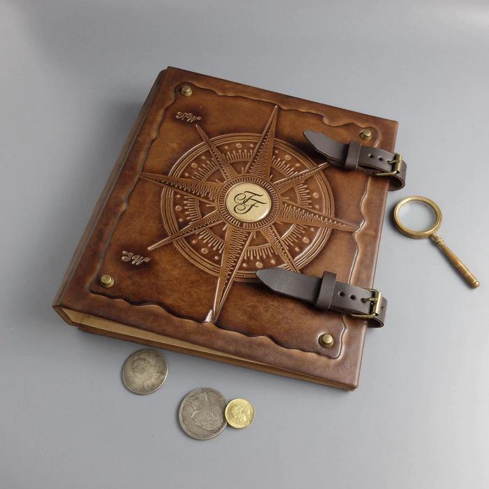 Album of money made of genuine leather "Wind Rose" with a personal monogram