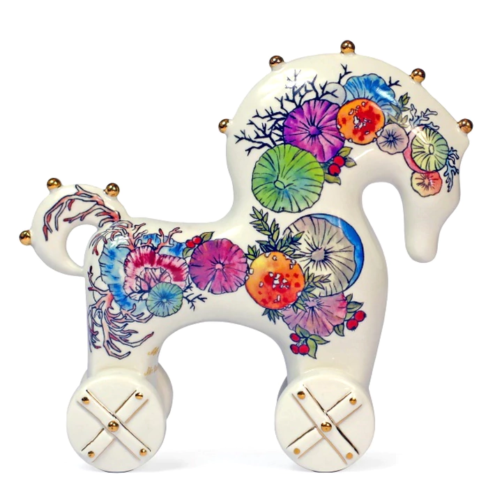 Porcelain sculpture "Horse on wheels - Mushroom fantasy"